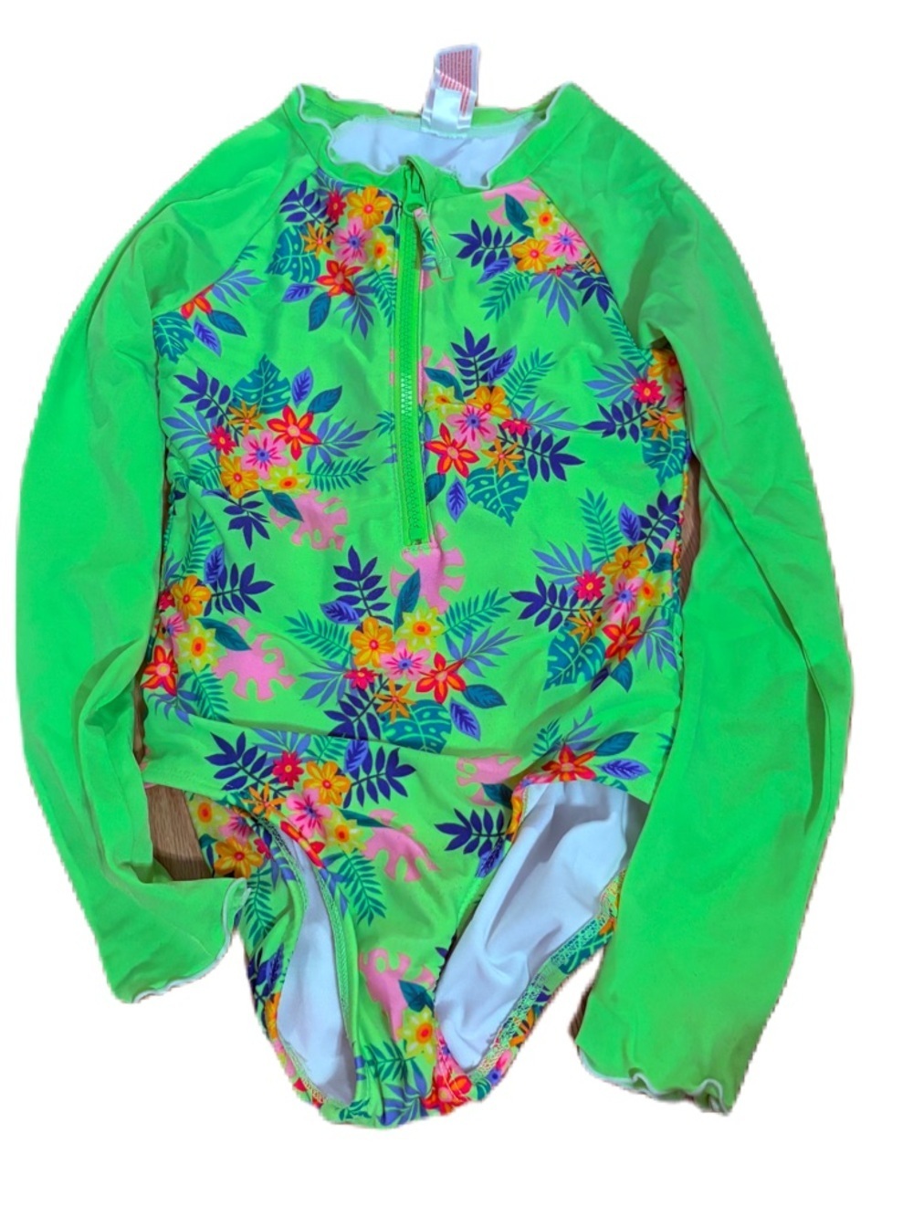 Cat & Jack Long Sleeve One Piece Swimsuit Small 6/7 Rash Guard Floral Tropical